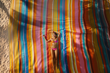  Woman relaxing in a colorful hammock on the beach, embodying a carefree summer vibe.