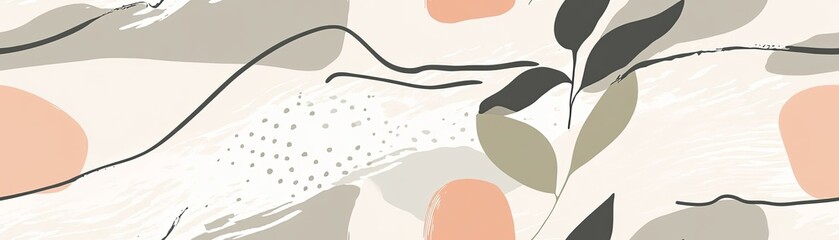 Abstract background with organic shapes, lines, and leaf patterns in pastel colors.