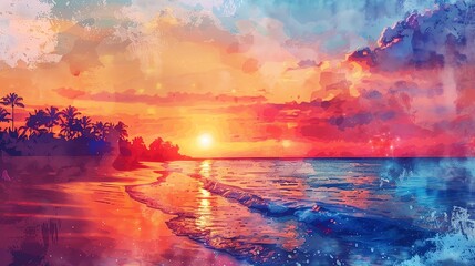 Wall Mural - A watercolor painting of a tropical beach with a sunset over the ocean.