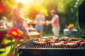 grilling churrasco food on an outdoor grill rack and topper. Meat sizzling on the barbecue, creating a mouthwatering street food dish.