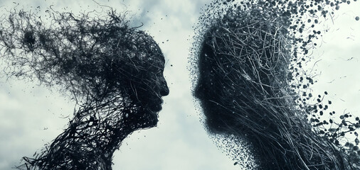 two human-like figures, formed from a mass of intertwined branches, face each other. the figure on t