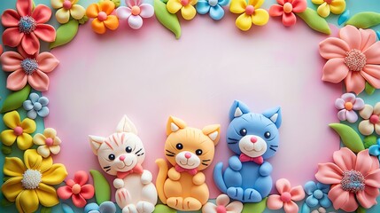 Wall Mural - A pink background with a border of colorful flowers and three clay cats.