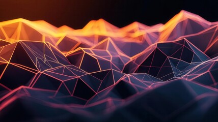Wall Mural - Abstract 3D canyon with sharp geometric cliffs, glowing wireframe patterns, and a river of neon light flowing through, 3D canyon, geometric cliffs