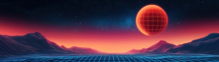 Wall Mural - Futuristic wireframe landscape with floating 3D geometric shapes, glowing grid lines, and a digital night sky, floating shapes, futuristic wireframe