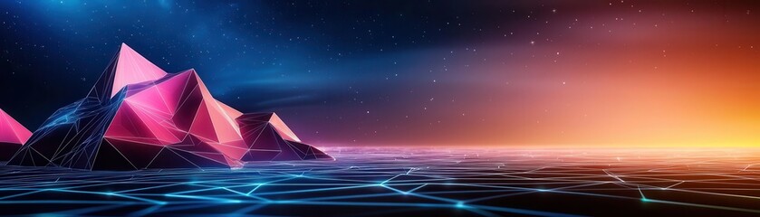 Wall Mural - Futuristic wireframe landscape with floating 3D geometric shapes, glowing grid lines, and a digital night sky, floating shapes, futuristic wireframe