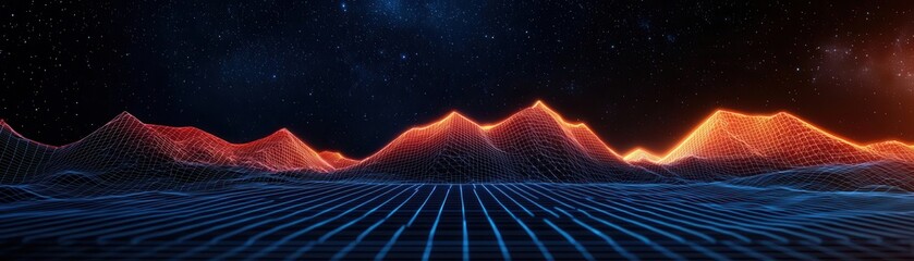 Futuristic wireframe landscape with sharp geometric structures, glowing 3D shapes, and intricate grid patterns under a dark starry sky, 3D wireframe landscape, futuristic geometry