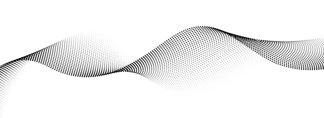 Poster - Dotted wave lines background. Black halftone undulate pattern. Curved dashed gradient design element for poser, banner, presentation, booklet. Abstract flowing particle dot line wallpaper. Vector