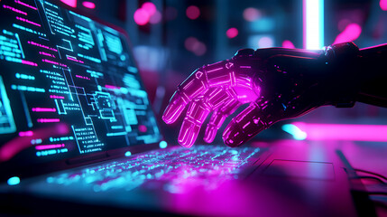 Cyberpunk Aesthetic A cinematic, neon-lit scene with a software engineer's hand hovering over a laptop, the screen reflecting code in bright pink and blue hues