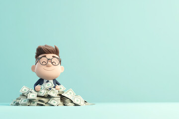 A cheerful cartoon boy surrounded by dollar bills, representing wealth and success in a playful manner.