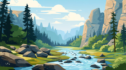 Wall Mural - Serene Mountain River Landscape - Nature Illustration