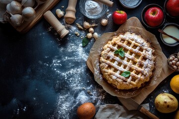 Apple Pie with Ingredients and a Rustic Setting