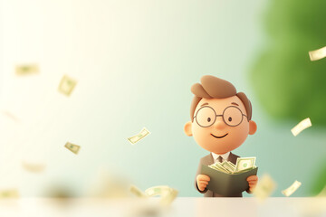 cheerful cartoon character in a suit holding cash while money falls around, representing financial s