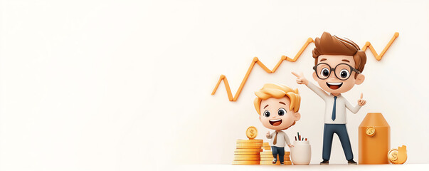 Illustration of a father and son celebrating financial growth with cheerful expressions and dynamic charts in the background.