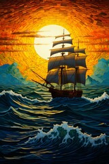 Sticker - Ocean Scene Realistic Ship with Dark Yellow and Cyan Accents