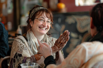 Caucasian woman laughing and showing her henna tattoo, enjoying a cultural experience at a local café