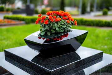 Poster - A modern, minimalist tombstone design with sharp lines and a polished finish, placed in a sleek, urban memorial park
