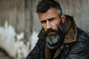 A man with a beard and moustache wears a dirty jacket on the street. Facial wrinkles add character to his portrait.