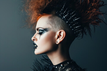 Stark portrait of a young Caucasian punk woman with a mohawk and spiked leather attire, exuding a fierce underground culture vibe