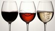 Three Elegant Wine Glasses with Red, Ros?, and White Wine Displayed on White Background