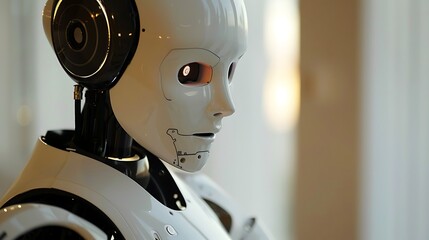 Poster - portrait of a humanoid robot with a white plastic and metal body. The robot's eyes glow red and it has a human-like face with subtle details.
