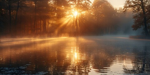 Poster - a body of water with trees and fog. 