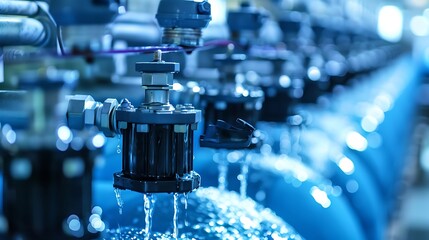 Poster - industrial machinery with water droplets falling from each unit. This photo showcases the intricate details of the equipment and the blue color palette adds to the industrial aesthetic.