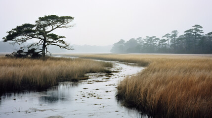 Wall Mural - Serene River Landscape with Fog and Trees