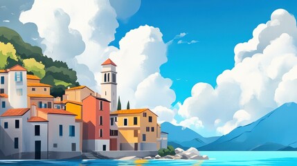 Poster - A vibrant seaside village illustration featuring playful textures and whimsical elements in a charming cartoon style.