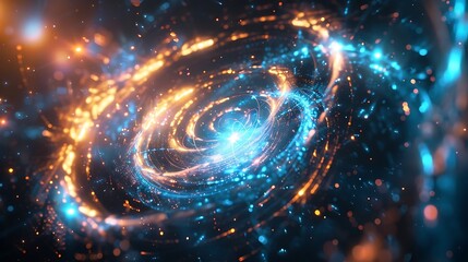 Poster - Abstract background with swirling lights and sparkles in blue, orange and gold colors.