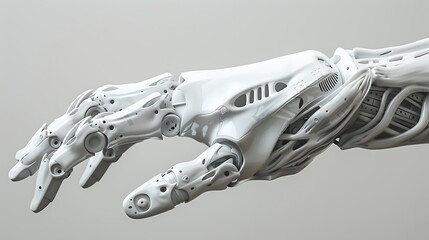 Poster - white robotic hand reaching out, showcasing intricate mechanical details and futuristic design.