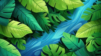 Wall Mural - Explore the tranquil beauty of the jungle, where a vibrant river weaves through lush foliage in this flat artwork.