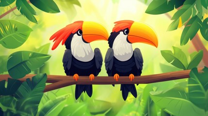 Poster - Two bright hornbills perch on a branch, basking in sunlight that filters through a vibrant forest scene.