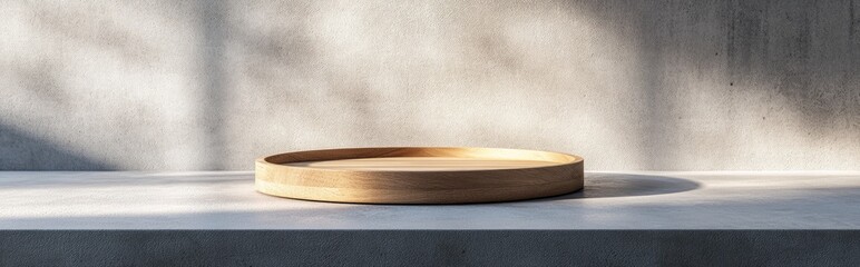 3D rendering of a wooden plate on a light concrete surface for showcasing products featuring a minimalist wooden podium