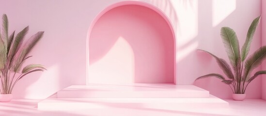 Poster - 3D podium in pink tones suitable for background and advertisement mockup Minimalist setting for showcasing products
