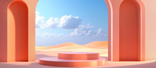 Poster - 3D render of an abstract surreal pastel landscape featuring arches and a podium for product display panoramic perspective vibrant dune scene with empty space blue sky with clouds minimalist decor a