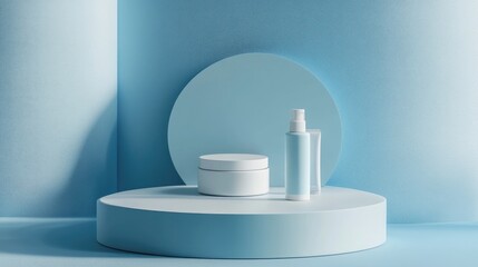 Poster - 3D render of a minimalistic product display for cream cosmetics with a contemporary blue pastel backdrop