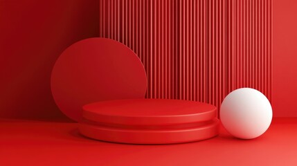 Poster - 3D red podium with geometric shapes on a floor designed for product presentation Abstract minimalist composition featuring mock up background 3D rendering illustration
