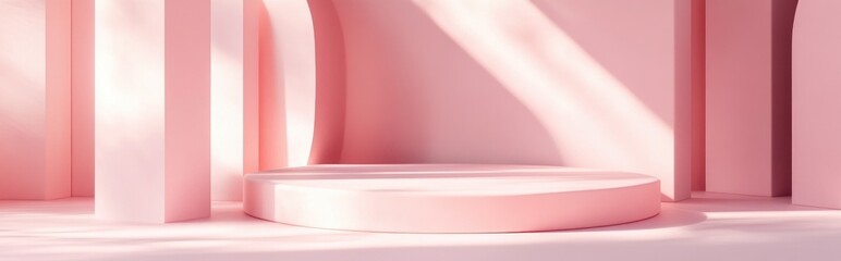 Poster - 3D illustration featuring a geometric pink podium for showcasing cosmetic products Mockup design with an empty space Abstract composition set against a modern pastel background