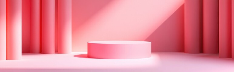 Poster - 3D illustration featuring a geometric pink podium for showcasing cosmetic products Mockup design with an empty space Abstract composition set against a modern pastel background