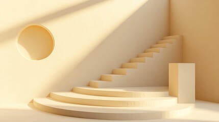 Poster - 3D illustration of a round staircase with a geometric podium on a beige background