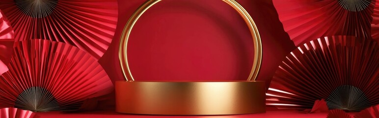 Poster - 3D podium with golden ring design for a festive background adorned with red fans in vibrant hues serving as a mockup for product display and advertisement