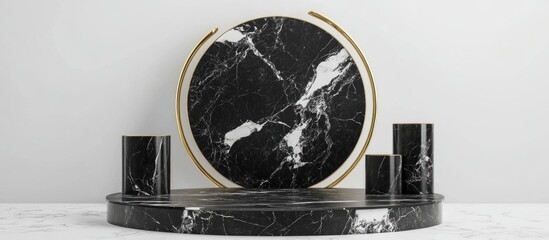 Aufkleber - 3D rendering of black and white marble pedestal steps on a white background featuring a golden ring round frame three cylinders and an abstract minimal concept emphasizing a clean and luxurious min