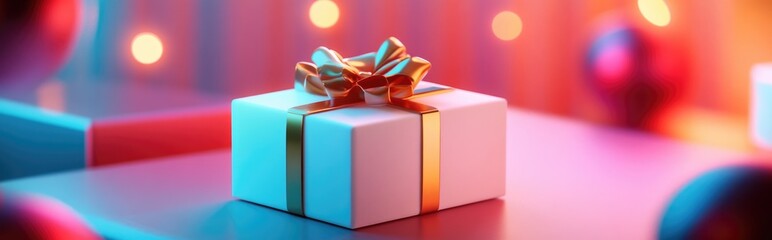 Poster - 3D product display scene featuring a floating white gift box adorned with a gold bow 3D illustration