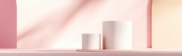 Poster - 3D illustration featuring a geometric white cube and cylinder podium designed for showcasing cosmetic products An abstract composition set against a pastel background in a modern style