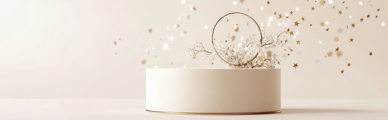 Poster - 3D rendering of a light beige and gold product display stand featuring a ring of stars on a white background Elegant presentation scene for luxury items or cosmetics