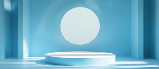 Poster - 3D background scene featuring a geometric podium for showcasing products set against a blue studio backdrop with a pedestal Ideal for presenting cosmetic items