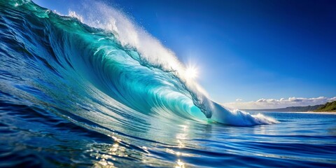 Sea wave low angle view with clear blue sky background, ocean, water, wave, close-up, blue, clean, rendering, nature, sea