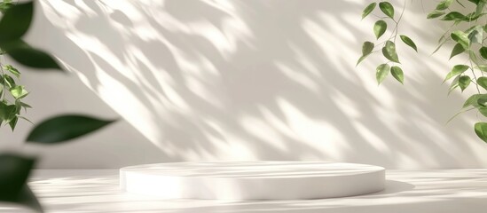 Aufkleber - 3D render of an elegant white podium designed for showcasing beauty skincare products featuring natural green leaves and sunlight casting shadows on the floor