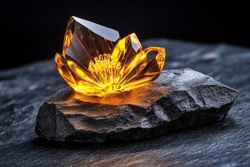 Poster - A piece of amber with a small, ancient flower preserved inside, set against a dark background to highlight its delicate beauty