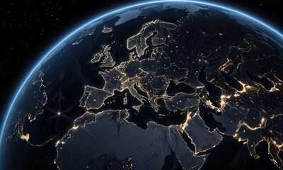 Wall Mural - A detailed image of Earth from space at night, showcasing a network of glowing lines connecting major cities across continents